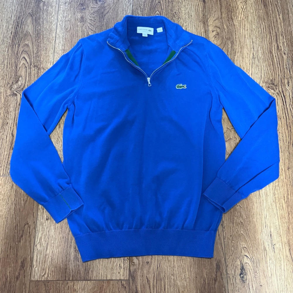 Lacoste Mens Size M Royal Blue 100% Cotton Quarter Zip Classic Fit Sweater